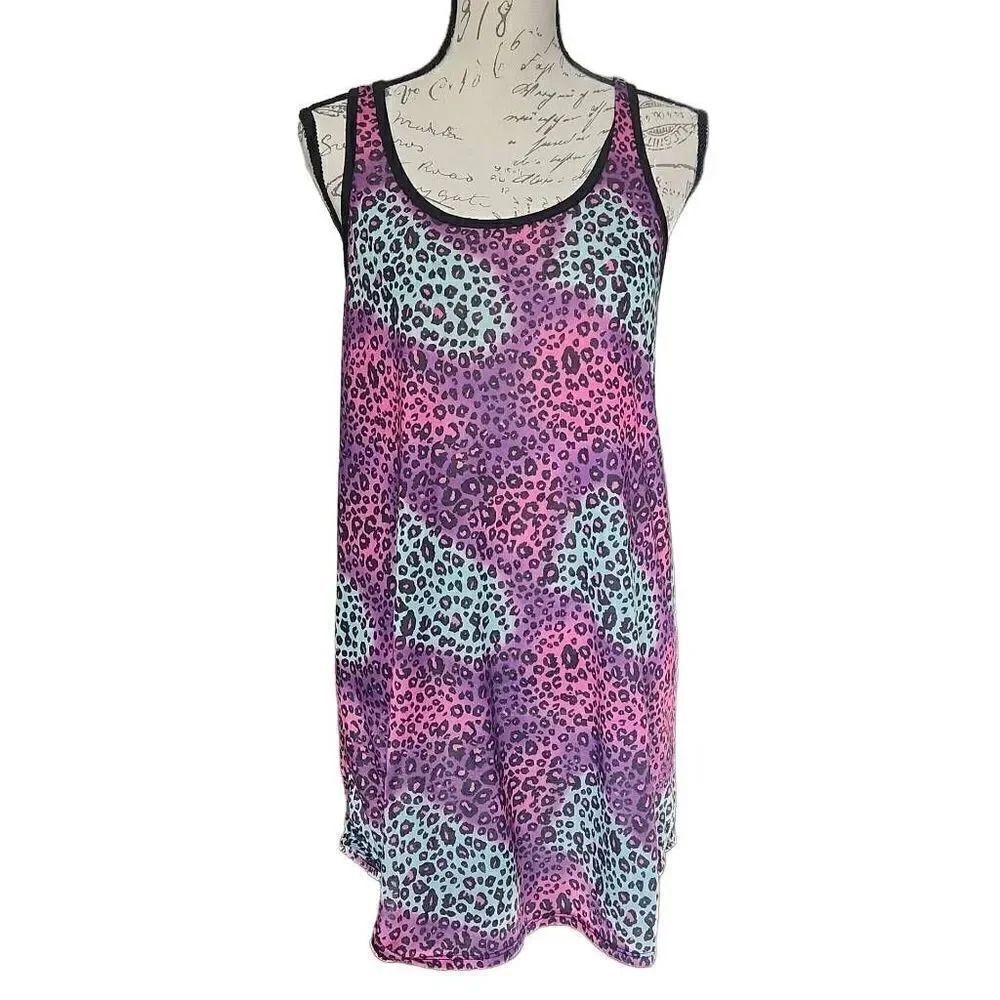 OP Juniors Size 11/13 Purple Pink Teal Cheetah Print Tank Nightgown